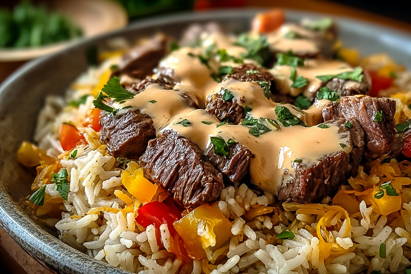 steak and queso rice served hot with fresh cilantro