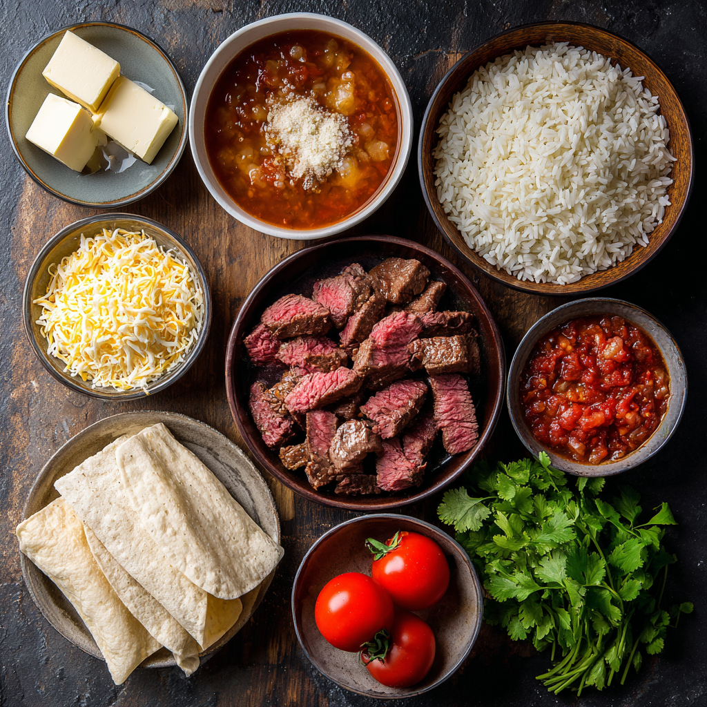 steak and queso rice ingredients laid out