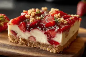 Strawberry Crunch Cheesecake Chunks served with crunchy topping