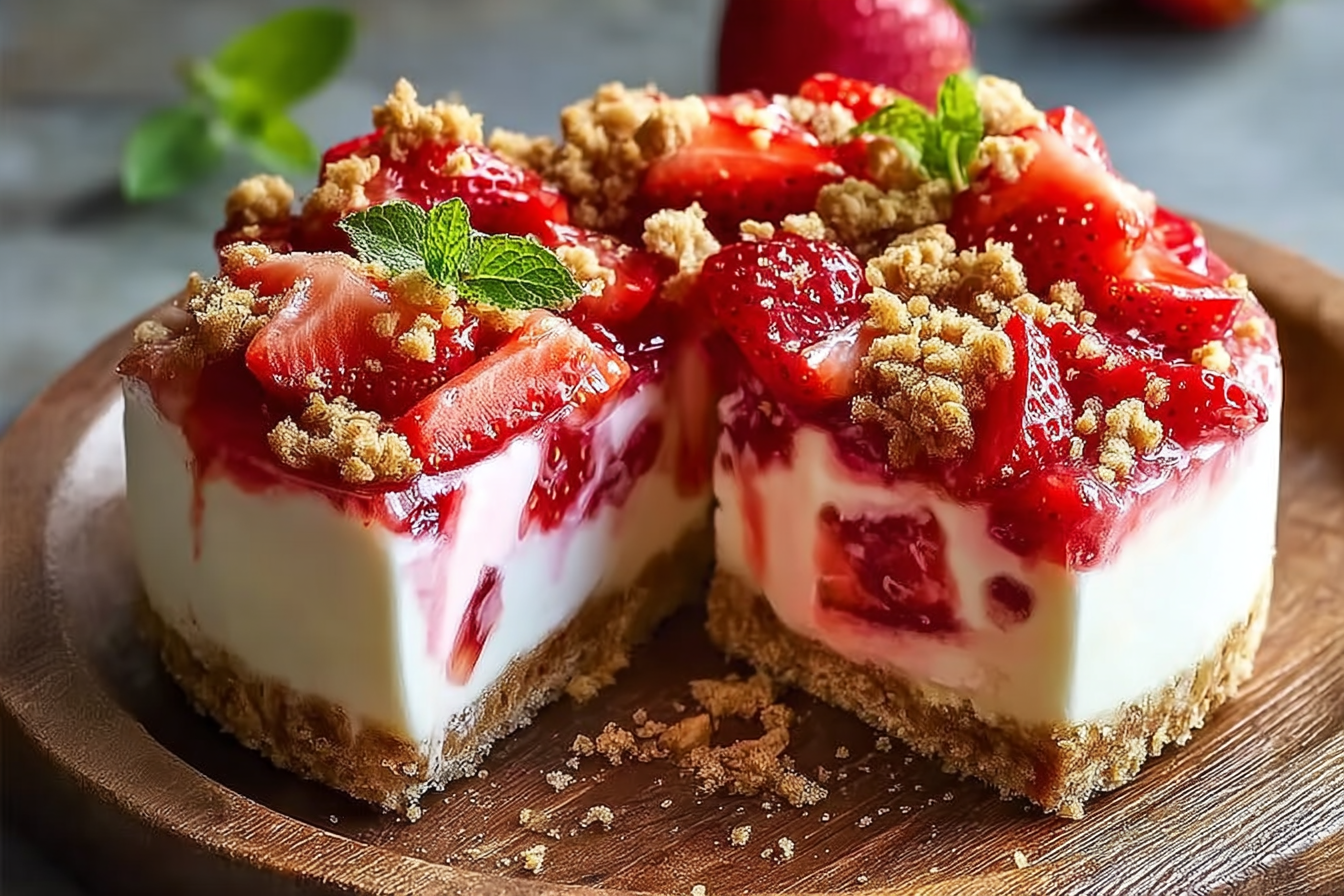 Strawberry Crunch Cheesecake Chunks on white marble board