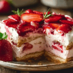 strawberry eclair cake in glass pan with creamy layers
