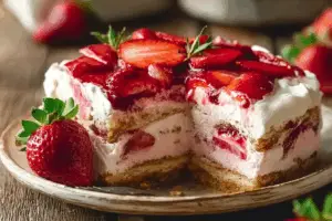 strawberry eclair cake in glass pan with creamy layers