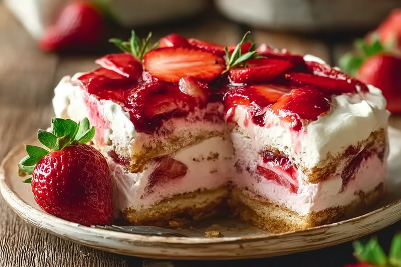 strawberry eclair cake in glass pan with creamy layers