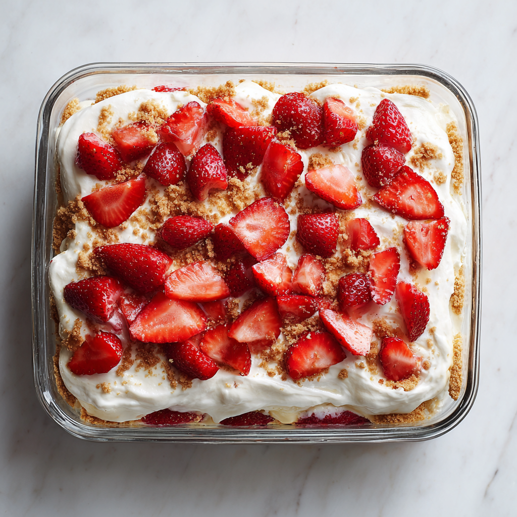 serving slice of strawberry eclair cake with garnish