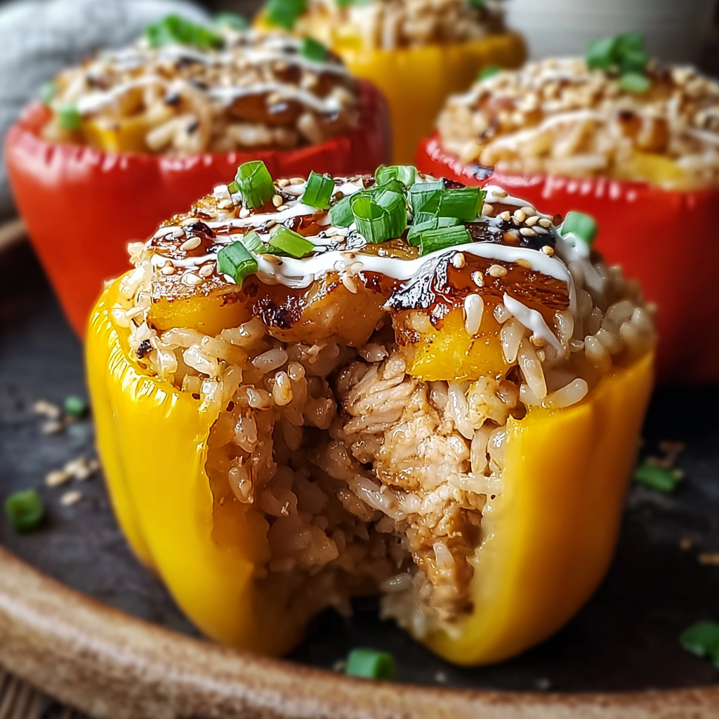 Stuffing peppers with teriyaki chicken rice mixture