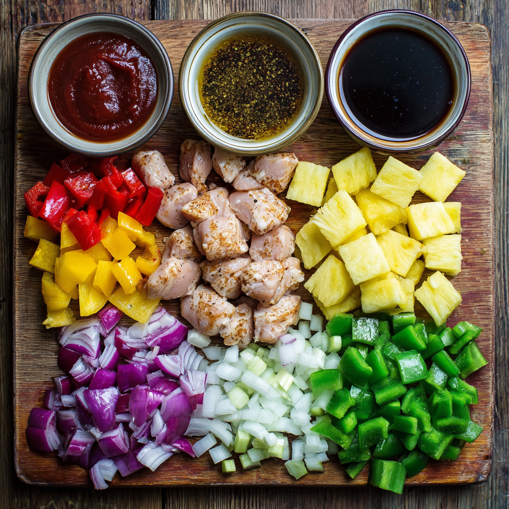 Teriyaki chicken pineapple kabobs on serving platter