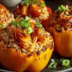 Teriyaki Pineapple Chicken and Rice Stuffed Peppers in a ceramic dish