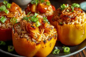 Teriyaki Pineapple Chicken and Rice Stuffed Peppers in a ceramic dish