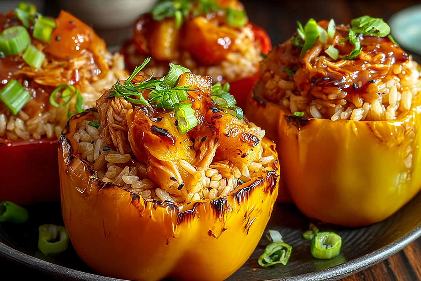Teriyaki Pineapple Chicken and Rice Stuffed Peppers in a ceramic dish