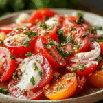 Tomato garlic salad with basil and garlic close-up