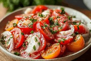 Tomato garlic salad with basil and garlic close-up
