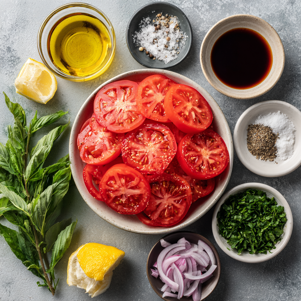  Fresh ingredients for tomato garlic salad