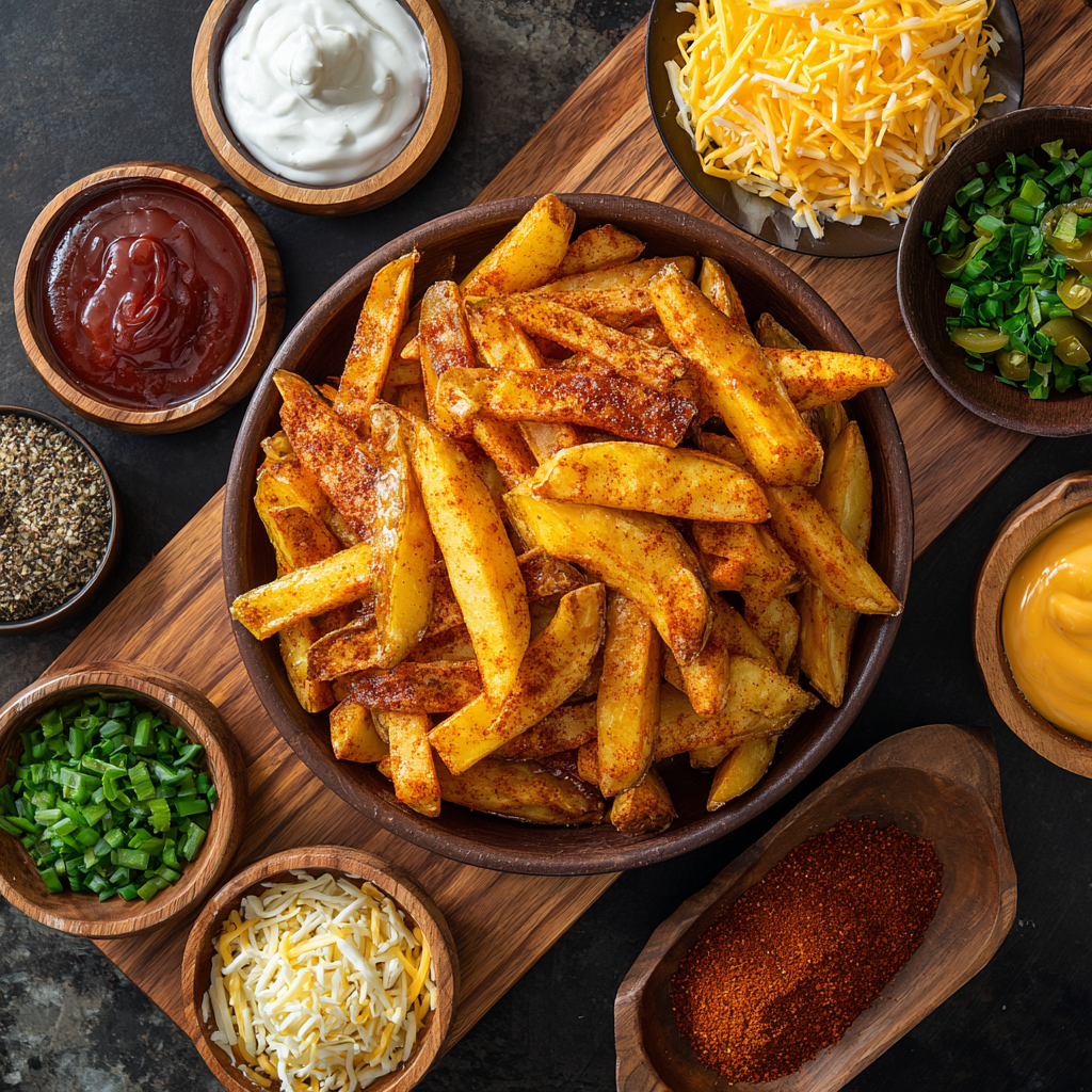 Ingredients for Taco Bell Nacho Fries Recipe loaded with toppings