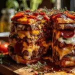 Ultimate Double Cheeseburger Pizza Stack with melty cheese and beef layers
