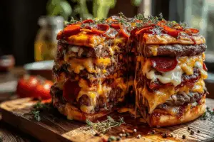 Ultimate Double Cheeseburger Pizza Stack with melty cheese and beef layers