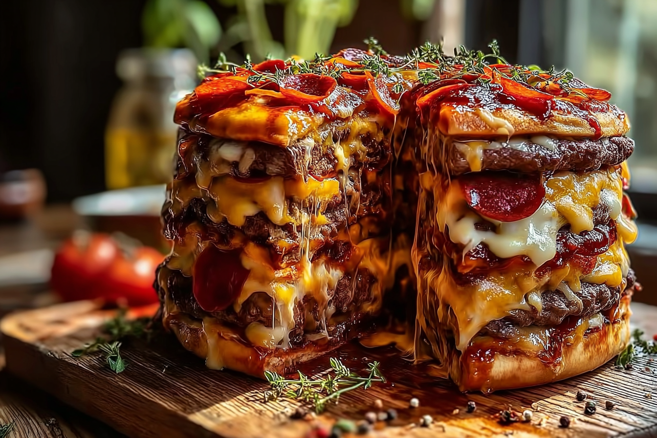 Ultimate Double Cheeseburger Pizza Stack with melty cheese and beef layers
