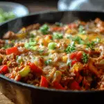 Unstuffed Pepper Skillet fresh out of the skillet with cheese