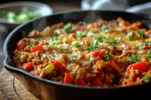 Unstuffed Pepper Skillet fresh out of the skillet with cheese