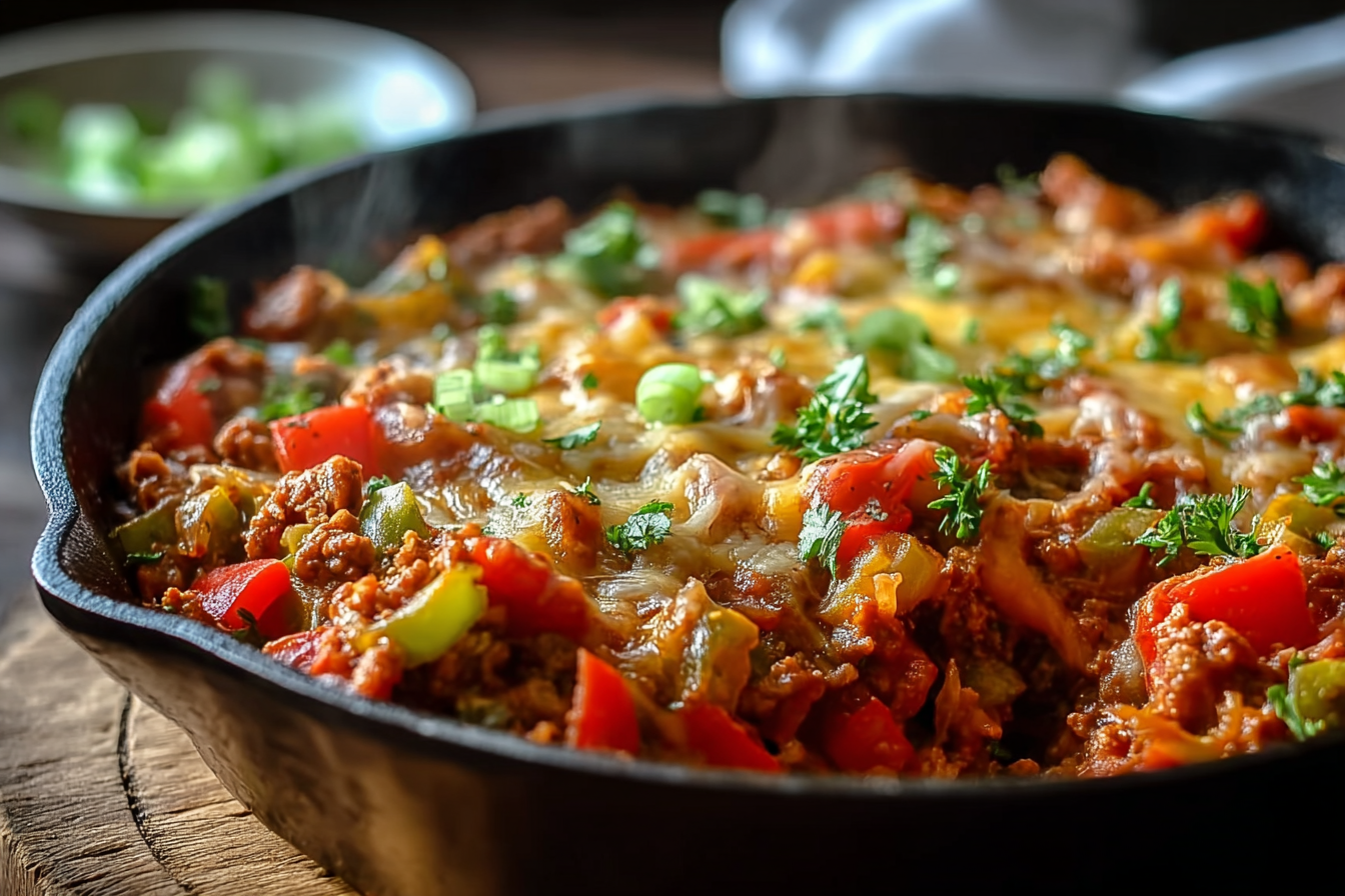Unstuffed Pepper Skillet fresh out of the skillet with cheese