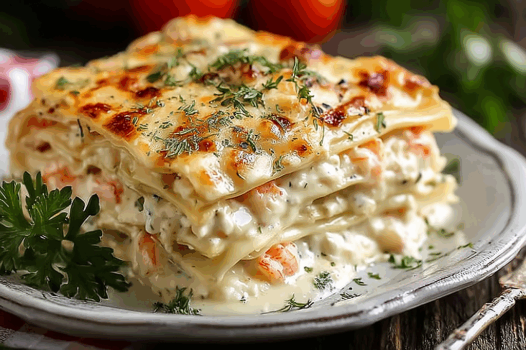 Variations of seafood lasagna with shrimp and crab