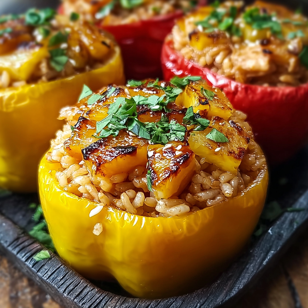 Vegan teriyaki pineapple stuffed peppers with tofu and veggies