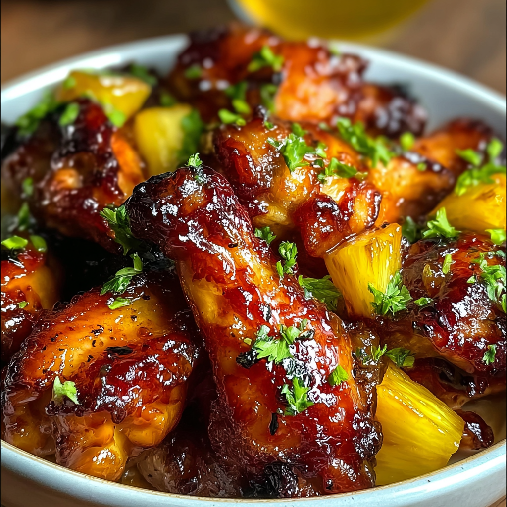Brown sugar pineapple wings served with coconut rice and slaw