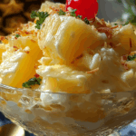 Easy pineapple dessert served in a glass bowl on picnic table