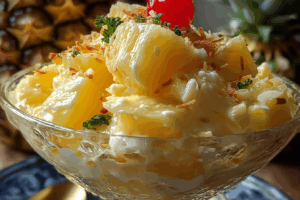 Easy pineapple dessert served in a glass bowl on picnic table