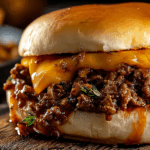philly cheesesteak sloppy joes sandwich close up on brioche bun