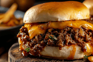 philly cheesesteak sloppy joes sandwich close up on brioche bun